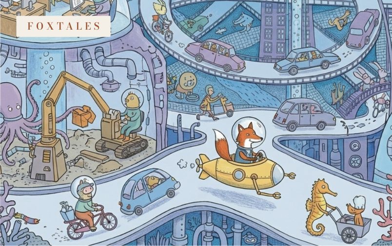Card No. 05, Aquapolis — a fox drives a yellow submarine through an underwater city