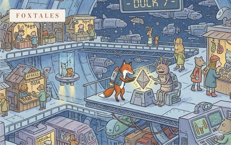 Card No. 08, Galactic Bazaar — a fox trades for a glowing gem at a space-station market