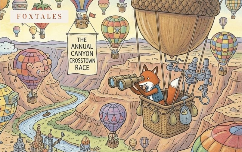 Card No. 10, Balloon Race — a fox with binoculars rides an acorn balloon over a canyon